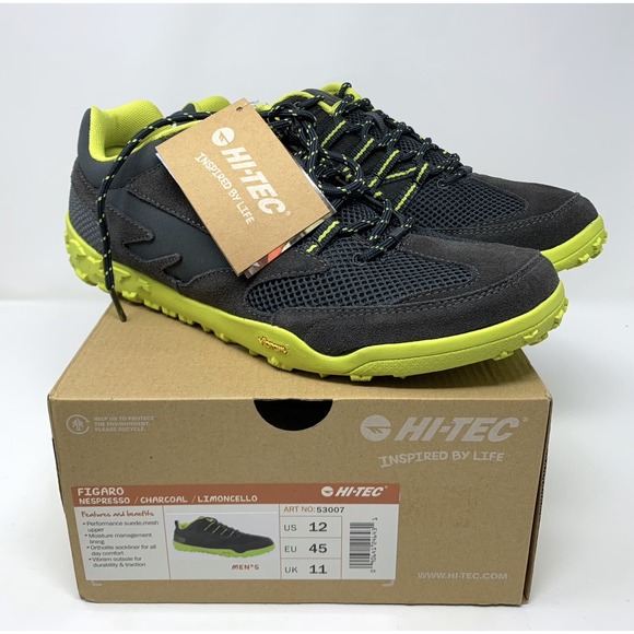 Hi-Tec Figaro Mens Size 12 Hiking Shoes Vibram Sole Suede Low Top Gray Yellow - Picture 1 of 12